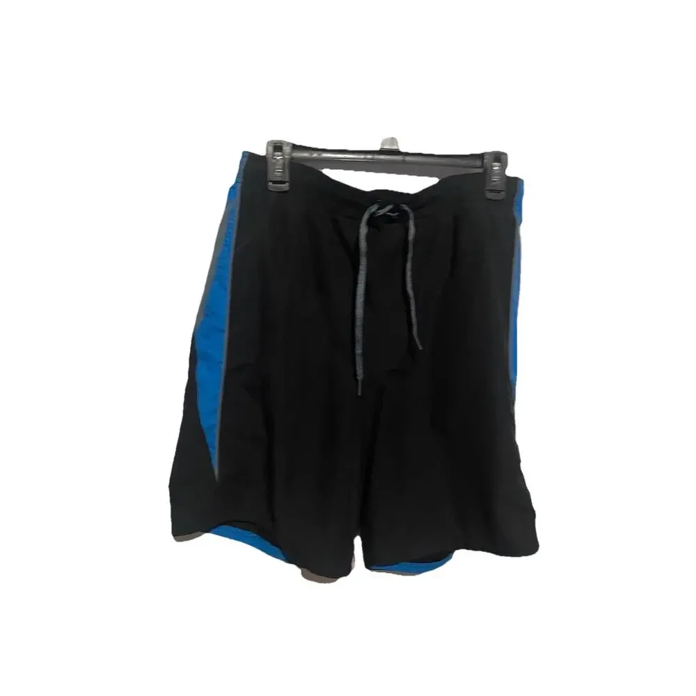 Nike Swim‎ Trunks Men's Sz Large Black Blue Board Shorts Swoosh Logo Unlined